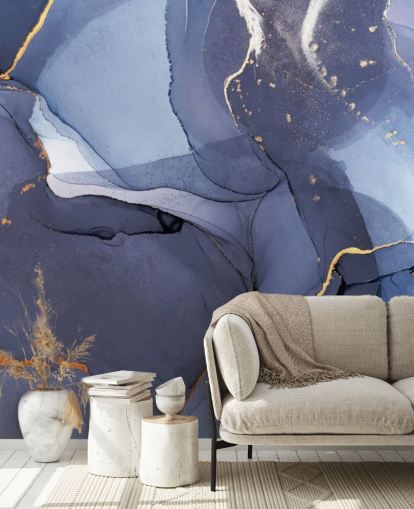 marineblauwe en gouden behangmuurschildering op maat genaamd Blue Swirl Watercolour voor keukens, badkamers en woonkamers
