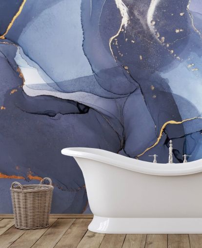 navy blue and gold custom wallpaper mural called Blue Swirl Watercolour for kitchens, bathrooms and living rooms
