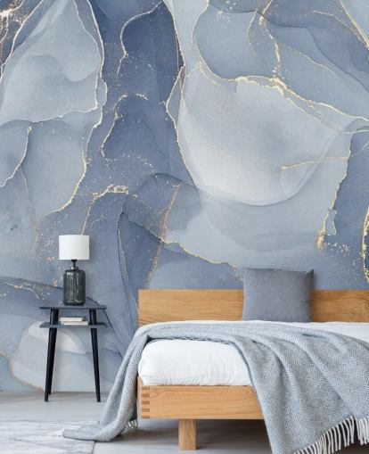 blue and gold customizable marble wallpaper mural called Overlapping Shades of Blue for kitchens and bathrooms