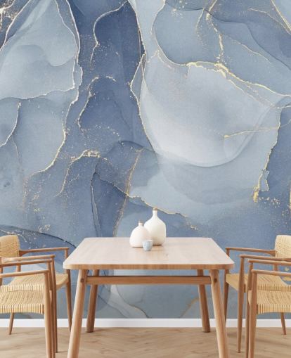 mural de papel pintado de mármol personalizable azul y dorado llamado Overlapping Shades of Blue para cocinas y baños