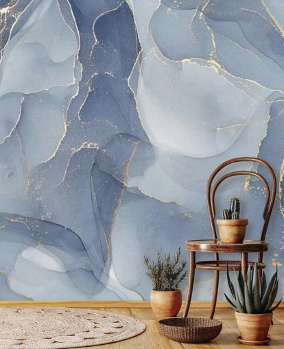 blauwe en gouden aanpasbare marmeren behangmuurschildering genaamd Overlapping Shades of Blue voor keukens en badkamers
