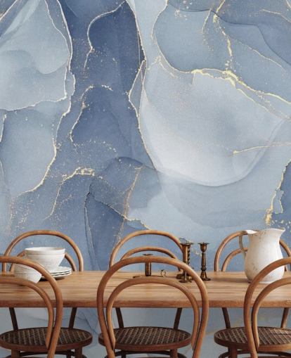 blue and gold customizable marble wallpaper mural called Overlapping Shades of Blue for kitchens and bathrooms