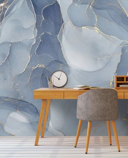blått og gull tilpassbart marmortapet veggmaleri kalt Overlapping Shades of Blue for kjøkken og bad