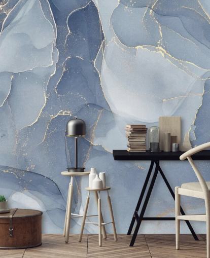 mural de papel pintado de mármol personalizable azul y dorado llamado Overlapping Shades of Blue para cocinas y baños