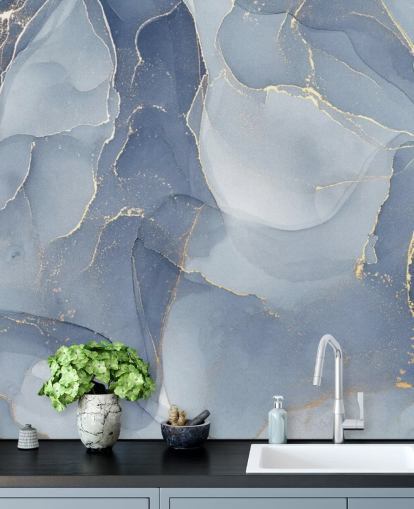 mural de papel pintado de mármol personalizable azul y dorado llamado Overlapping Shades of Blue para cocinas y baños