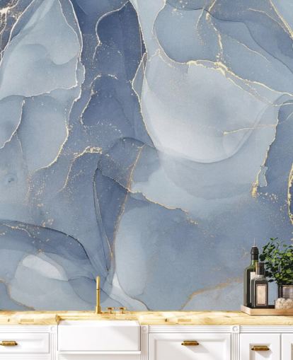 blue and gold customisable marble wallpaper mural called Overlapping Shades of Blue for kitchens and bathrooms