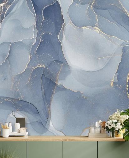mural de papel pintado de mármol personalizable azul y dorado llamado Overlapping Shades of Blue para cocinas y baños