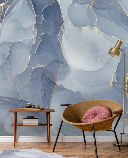 mural de papel pintado de mármol personalizable azul y dorado llamado Overlapping Shades of Blue para cocinas y baños
