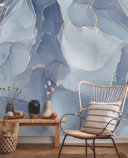 mural de papel pintado de mármol personalizable azul y dorado llamado Overlapping Shades of Blue para cocinas y baños
