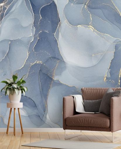 mural de papel pintado de mármol personalizable azul y dorado llamado Overlapping Shades of Blue para cocinas y baños
