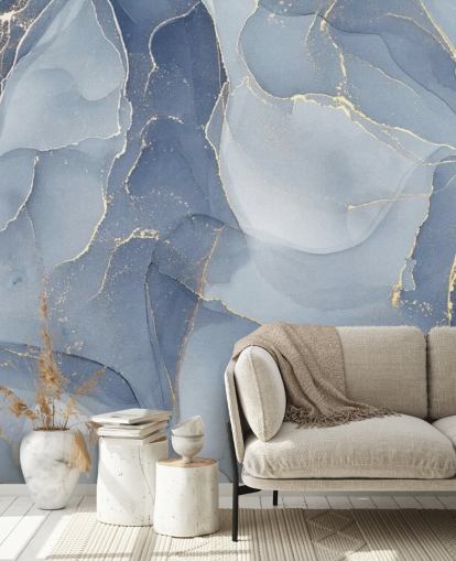 blue and gold customisable marble wallpaper mural called Overlapping Shades of Blue for kitchens and bathrooms