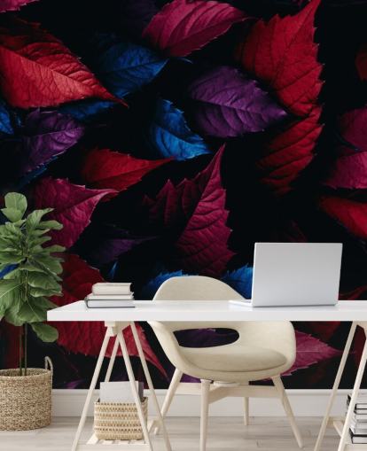 Papel Pintado Hojas Rojas, Moradas y Azules