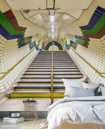 3D blå, rød og grønn Tunnel Mural