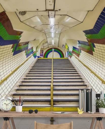 3D blå, rød og grønn Tunnel Mural