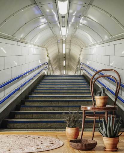 Blue and White Stairs Wallpaper
