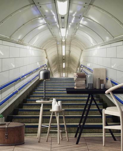 Blaue und weiße Treppen bemalte Tapete