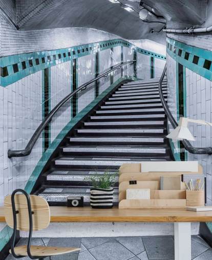 Turquoise Curve Stairs Underground 3D Wallpaper