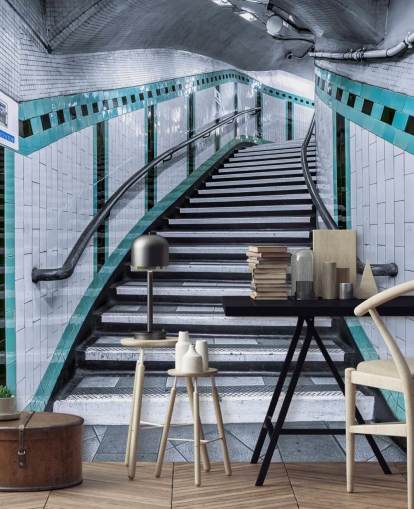 Turquoise Curve Stairs Underground 3D Wallpaper