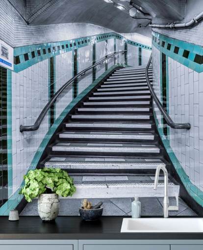 Turquoise Curve Stairs Underground Mural