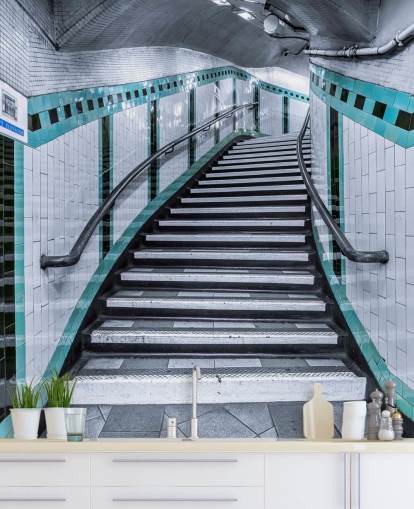 Turquoise Curve Trappen Ondergrondse Muurschildering