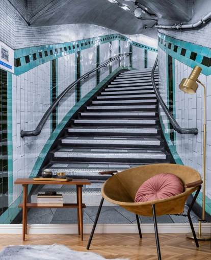 Turquoise Curve Stairs Underground Mural