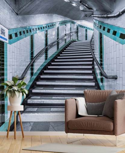Turquoise Curve Stairs Underground Mural