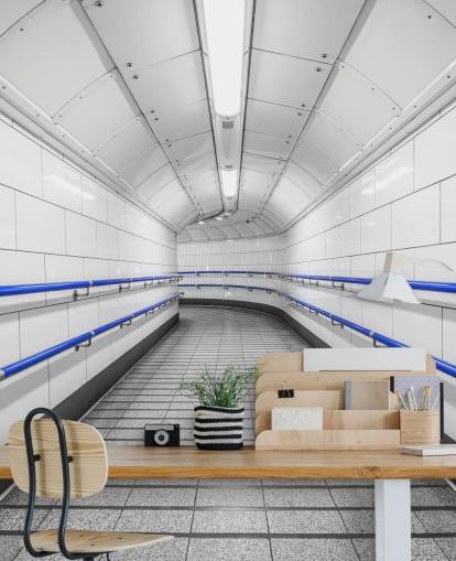 Mural de parede subterrânea azul e branco