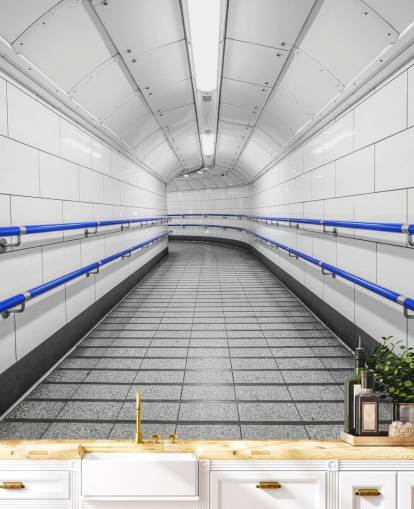 Blue and White Underground Wall Mural