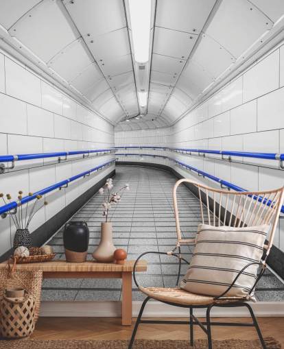 Mural de parede subterrânea azul e branco