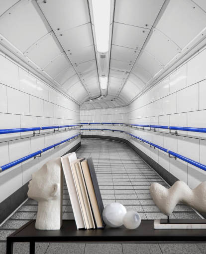 Mural de parede subterrânea azul e branco