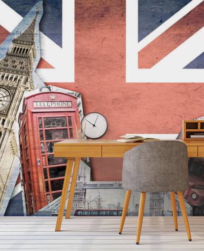 Union Jack London Collage muurschildering Union Jack London Collage muurschildering