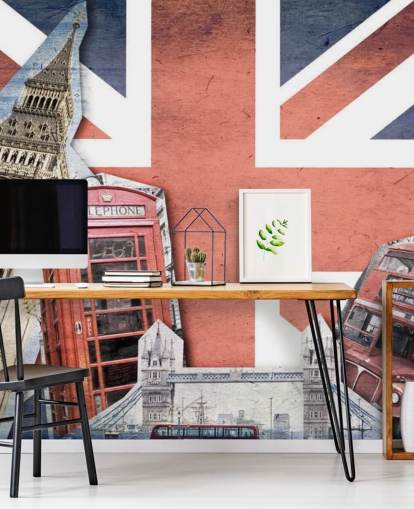 Union Jack London Collage muurschildering Union Jack London Collage muurschildering