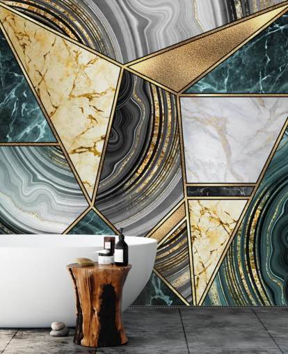 Papel pintado de azulejos decorativos de color verde azulado, mármol y oro