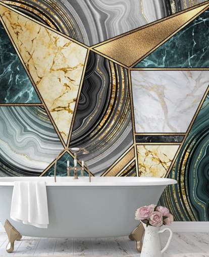 Papel pintado de azulejos decorativos de color verde azulado, mármol y oro