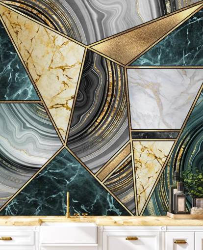 groenblauw, marmer en gouden deco tegelbehang