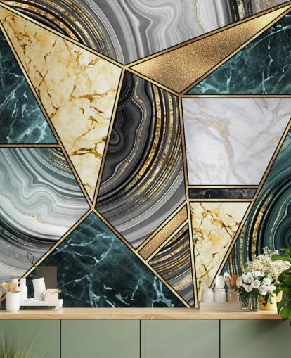 teal, marmor och guld deco kakel tapeter