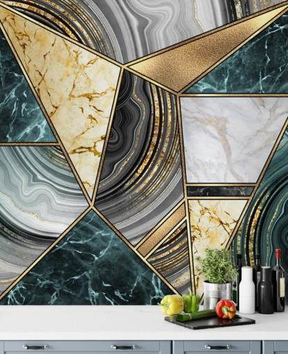 teal, marmor och guld deco kakel tapeter