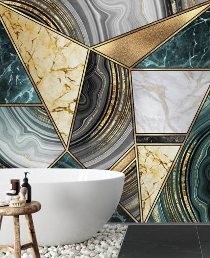 Papel pintado de azulejos decorativos de color verde azulado, mármol y oro