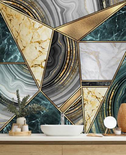 carta da parati con piastrelle deco verde acqua, marmo e oro