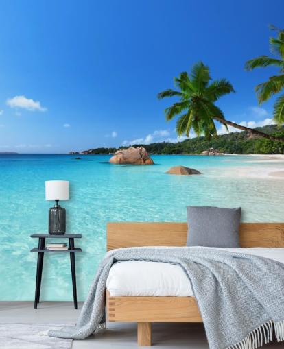 blå anpassningsbar strand tapet väggmålning som heter Anse Lazio Beach Seychellerna för kontor