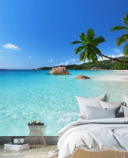 mural de papel pintado de playa azul personalizable llamado Anse Lazio Beach Seychelles para oficinas