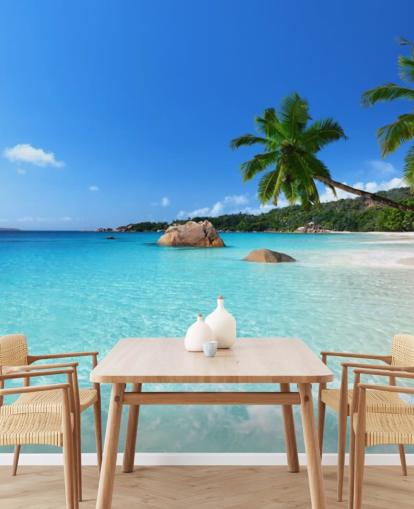 blå tilpasselig strand tapet vægmaleri kaldet Anse Lazio Beach Seychellerne til kontorer