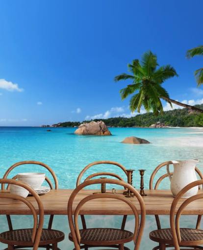 mural de papel pintado de playa azul personalizable llamado Anse Lazio Beach Seychelles para oficinas