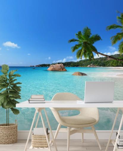 carta da parati murale da spiaggia personalizzabile blu chiamata Anse Lazio Beach Seychelles per uffici