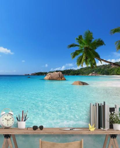 blaue personalisierbare Strandtapete namens Anse Lazio Beach Seychelles für Büros