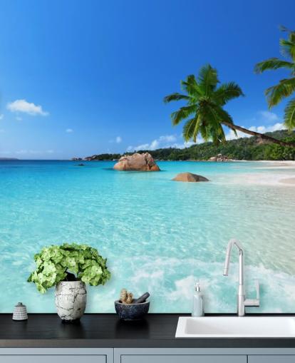 mural de papel pintado de playa azul personalizable llamado Anse Lazio Beach Seychelles para oficinas