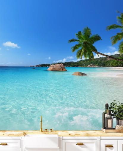 mural de papel pintado de playa azul personalizable llamado Anse Lazio Beach Seychelles para oficinas