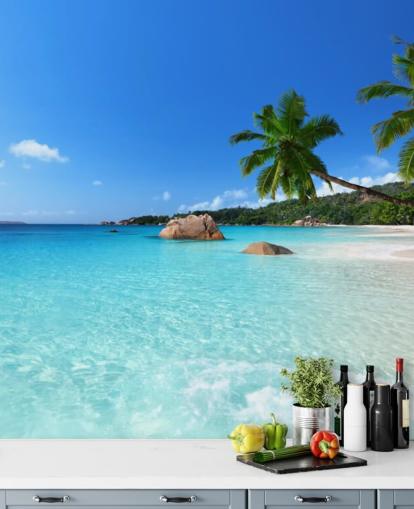 papier peint mural de plage personnalisable bleu appelé Anse Lazio Beach Seychelles pour les bureaux