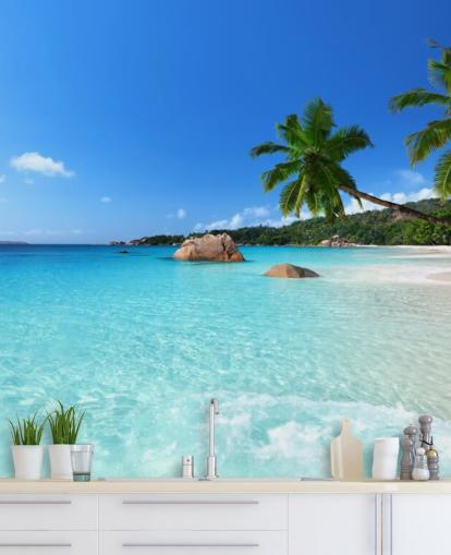 sininen räätälöitävä rantatapetti seinämaalaus nimeltä Anse Lazio Beach Seychelles toimistoihin