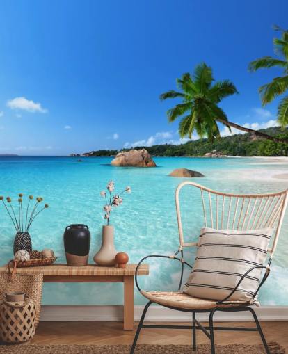 papier peint mural de plage personnalisable bleu appelé Anse Lazio Beach Seychelles pour les bureaux